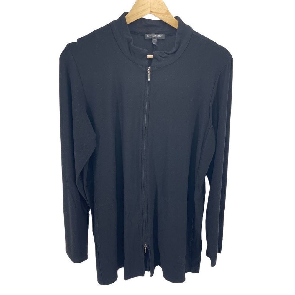 Eileen Fisher Womens Full Zip Jacket Long Sleeve Longline Black Petite Large
